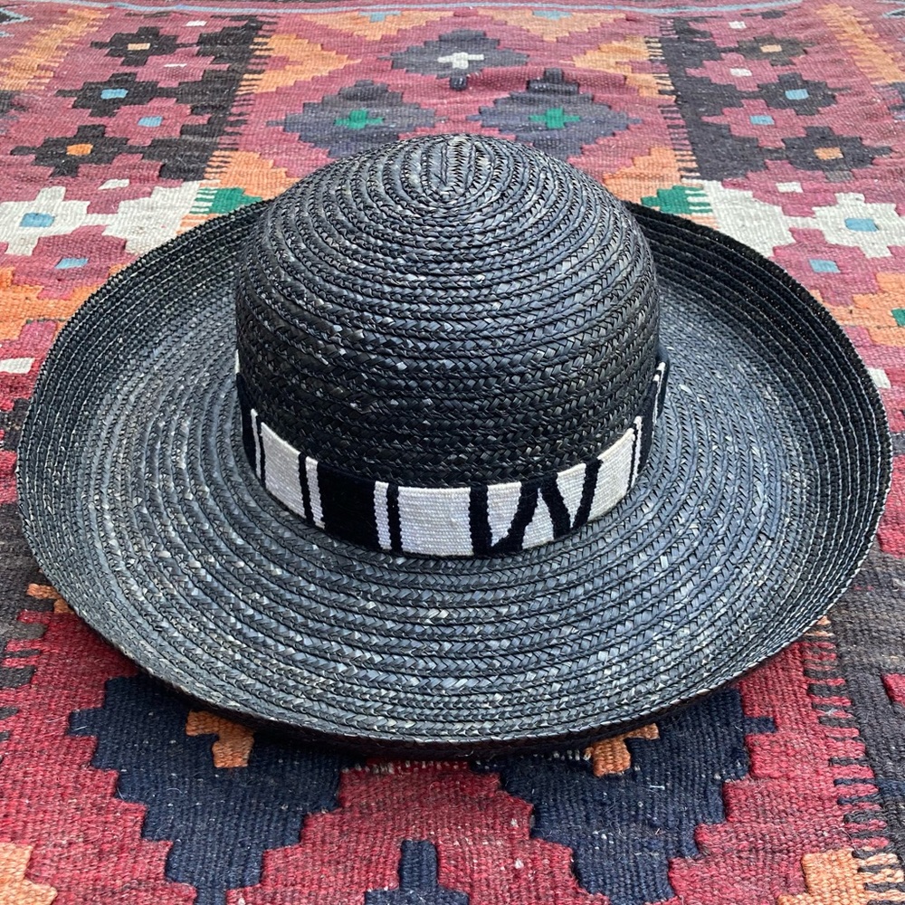 Vintage rounded wide brim black straw hat